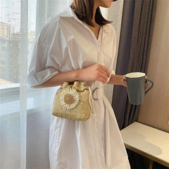 Straw Woven Bucket Crossbody Bag Boho Style Drawstring Purse