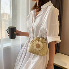 Straw Woven Bucket Crossbody Bag Boho Style Drawstring Purse