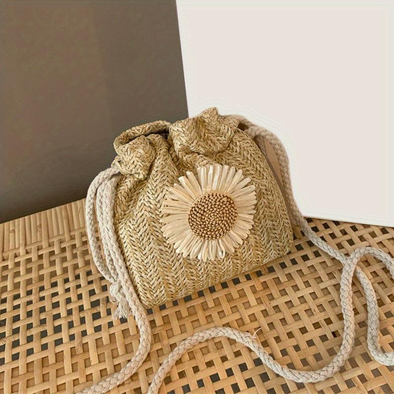Straw Woven Bucket Crossbody Bag Boho Style Drawstring Purse