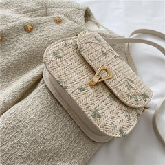 Floral Embroidery Straw Saddle Bag Mini Woven Crossbody Bag Women's Purse