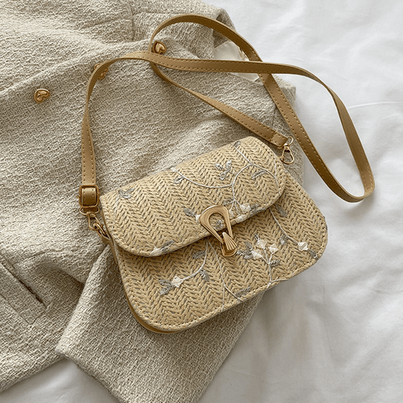 Floral Embroidery Straw Saddle Bag Mini Woven Crossbody Bag Women's Purse