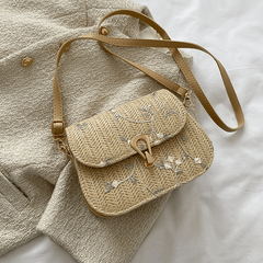 Floral Embroidery Straw Saddle Bag Mini Woven Crossbody Bag Women's Purse