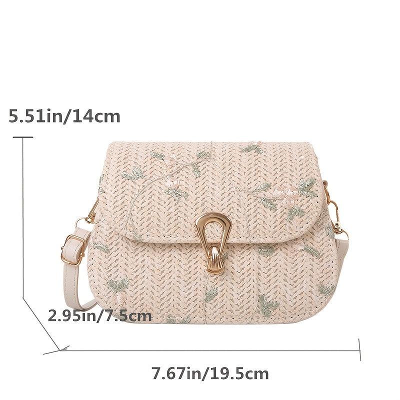 Floral Embroidery Straw Saddle Bag Mini Woven Crossbody Bag Women's Purse