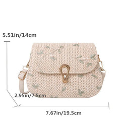Floral Embroidery Straw Saddle Bag Mini Woven Crossbody Bag Women's Purse