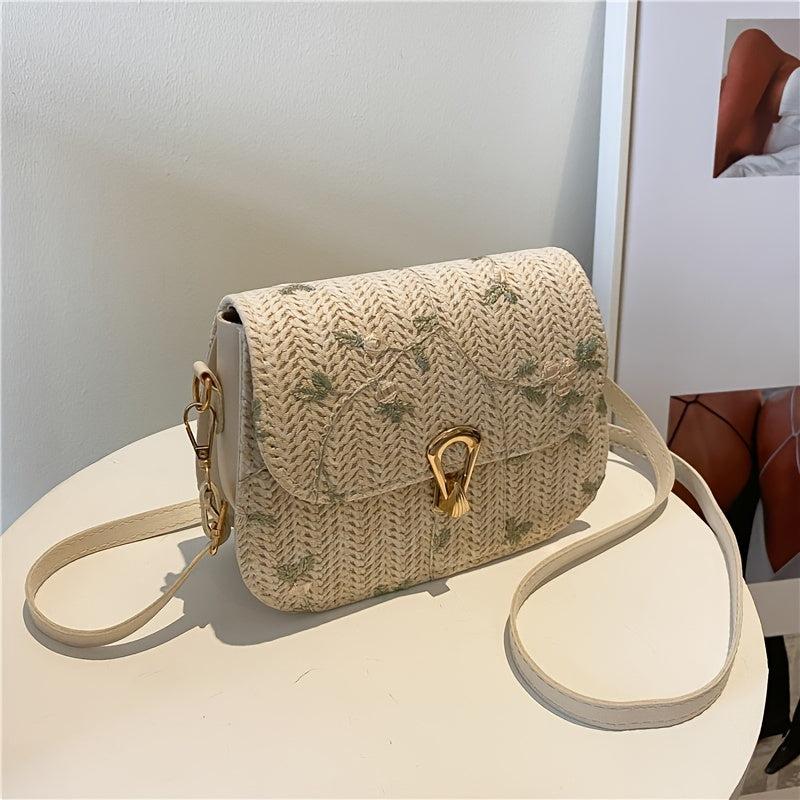 Floral Embroidery Straw Saddle Bag Mini Woven Crossbody Bag Women's Purse