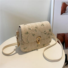 Floral Embroidery Straw Saddle Bag Mini Woven Crossbody Bag Women's Purse