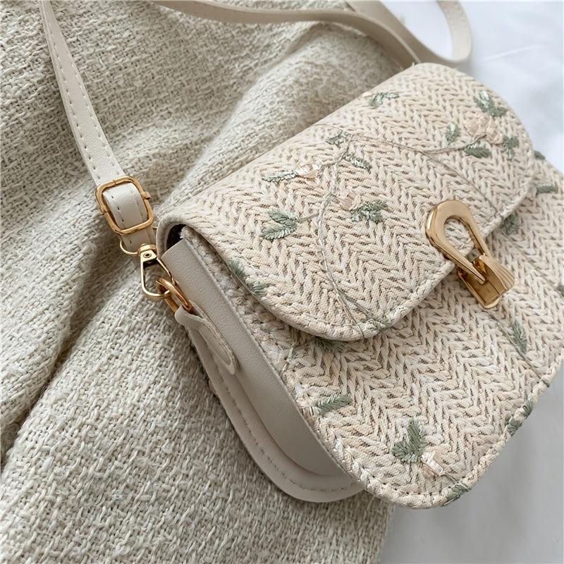 Floral Embroidery Straw Saddle Bag Mini Woven Crossbody Bag Women's Purse