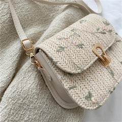 Floral Embroidery Straw Saddle Bag Mini Woven Crossbody Bag Women's Purse