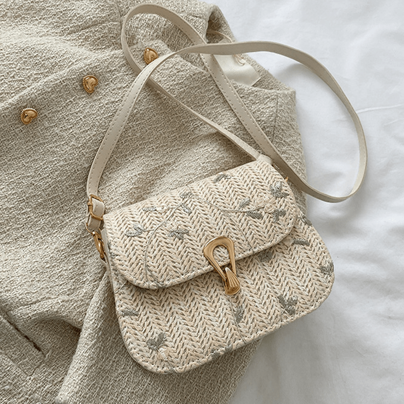Floral Embroidery Straw Saddle Bag Mini Woven Crossbody Bag Women's Purse