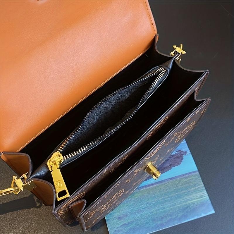 Colorblock Square Bag Retro Pattern Turn Lock Crossbody Bag