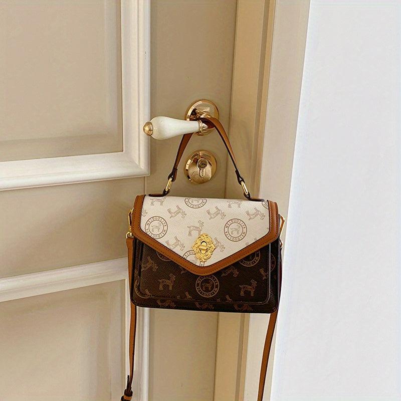 Colorblock Square Bag Retro Pattern Turn Lock Crossbody Bag