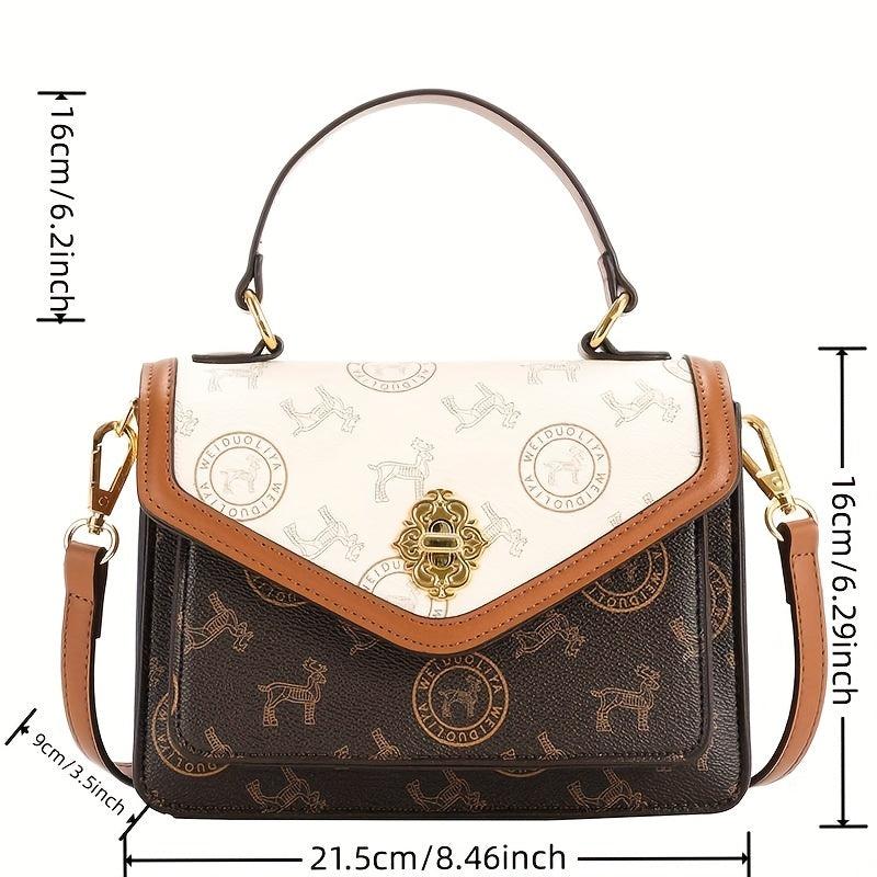 Colorblock Square Bag Retro Pattern Turn Lock Crossbody Bag