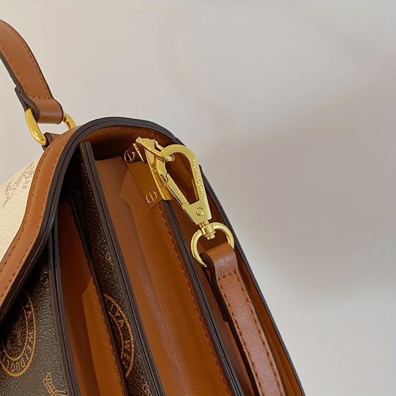 Colorblock Square Bag Retro Pattern Turn Lock Crossbody Bag
