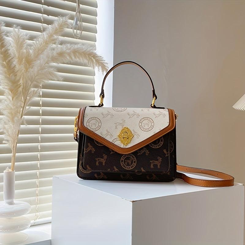 Colorblock Square Bag Retro Pattern Turn Lock Crossbody Bag