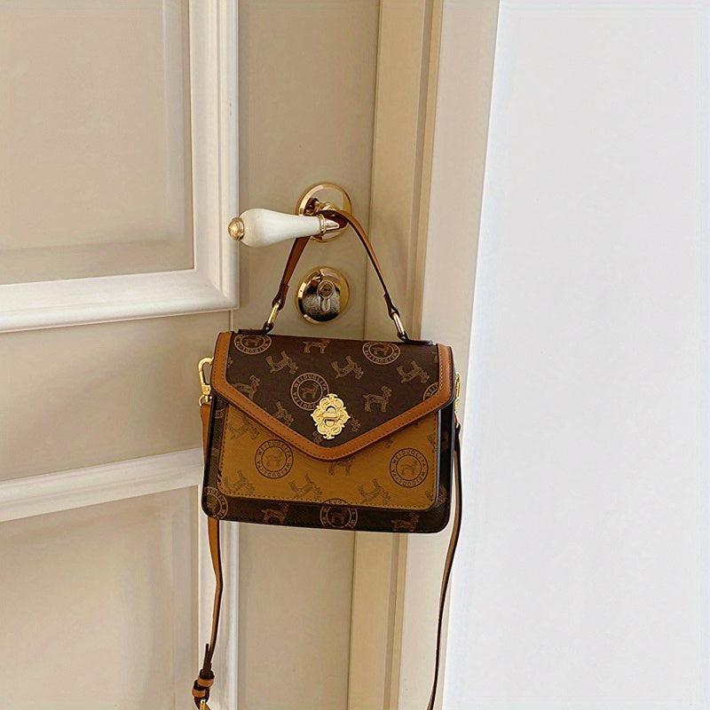 Colorblock Square Bag Retro Pattern Turn Lock Crossbody Bag