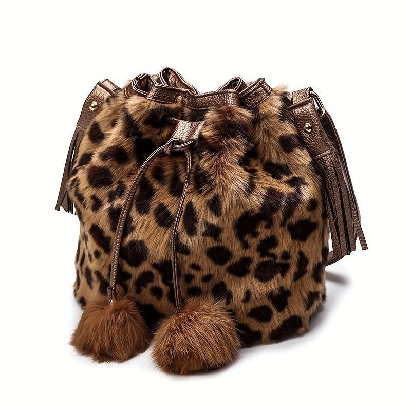 Leopard Hairball Crossbody Bucket Bag Faux Fur Purse