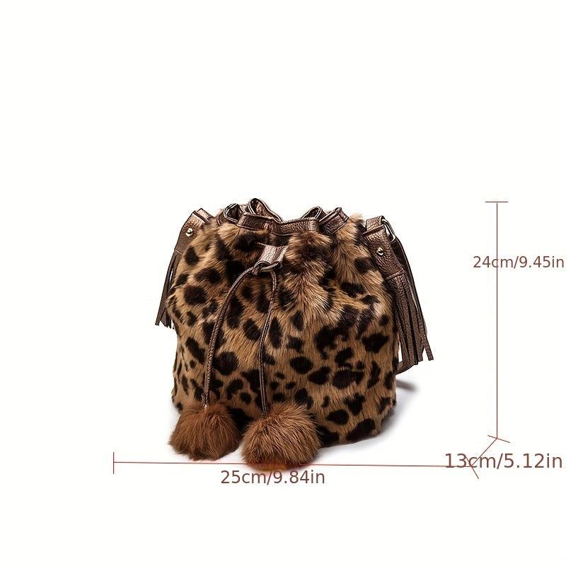 Leopard Hairball Crossbody Bucket Bag Faux Fur Purse
