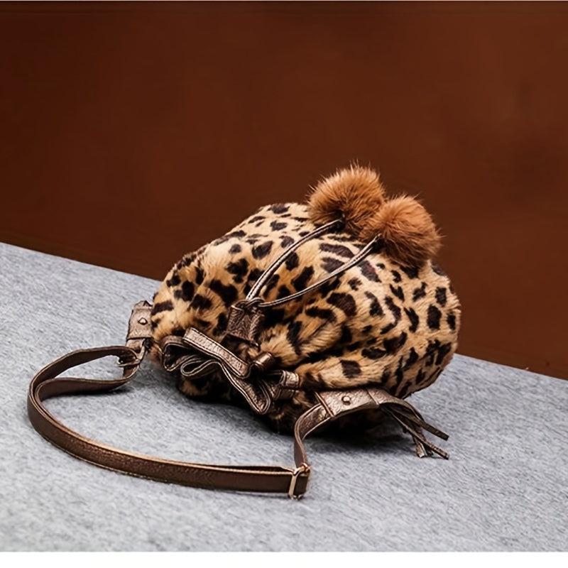 Leopard Hairball Crossbody Bucket Bag Faux Fur Purse