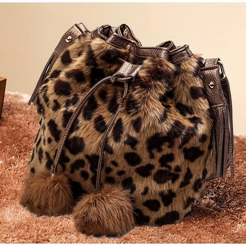 Leopard Hairball Crossbody Bucket Bag Faux Fur Purse