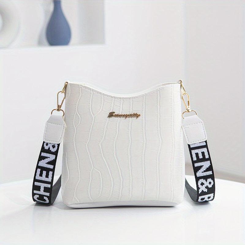 Crocodile Pattern Bucket Bag Wide Strap Mini Crossbody Purse
