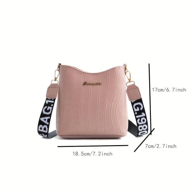Crocodile Pattern Bucket Bag Wide Strap Mini Crossbody Purse