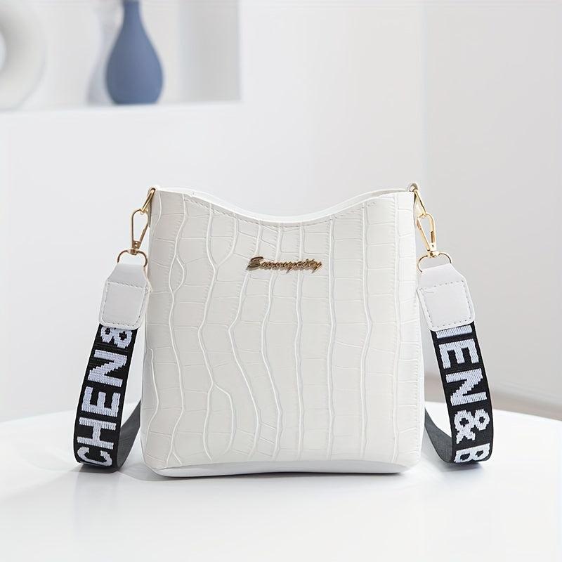 Crocodile Pattern Bucket Bag Wide Strap Mini Crossbody Purse
