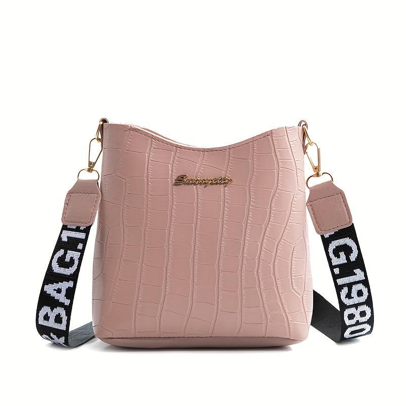 Crocodile Pattern Bucket Bag Wide Strap Mini Crossbody Purse