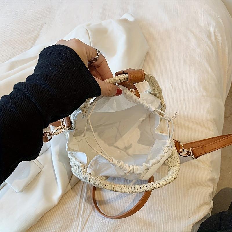 Straw Crossbody Satchel Bag Minimalist Woven Drawstring Women's Bag