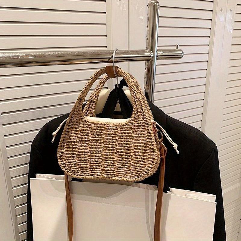 Straw Crossbody Satchel Bag Minimalist Woven Drawstring Women's Bag