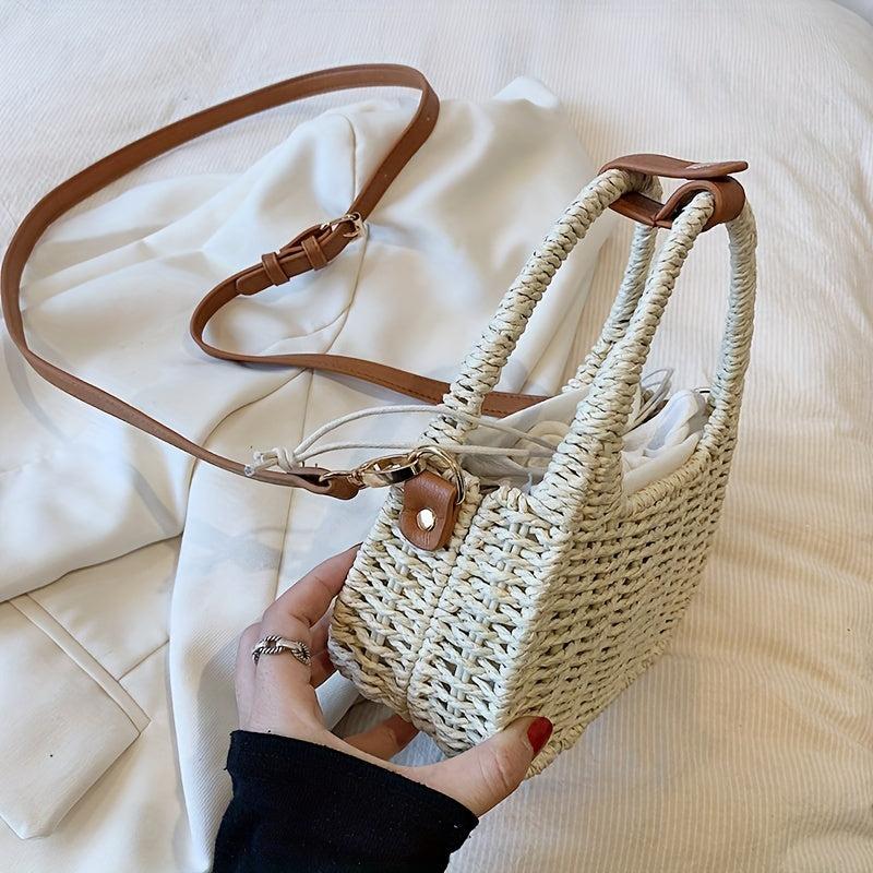 Straw Crossbody Satchel Bag Minimalist Woven Drawstring Women's Bag