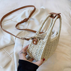 Straw Crossbody Satchel Bag Minimalist Woven Drawstring Women's Bag