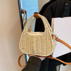 Straw Crossbody Satchel Bag Minimalist Woven Drawstring Women's Bag