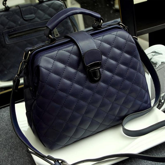 Argyle Quilted Satchel Bag Vintage Buckle Decor Top Handle Purse