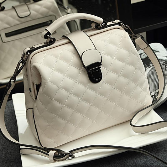 Argyle Quilted Satchel Bag Vintage Buckle Decor Top Handle Purse