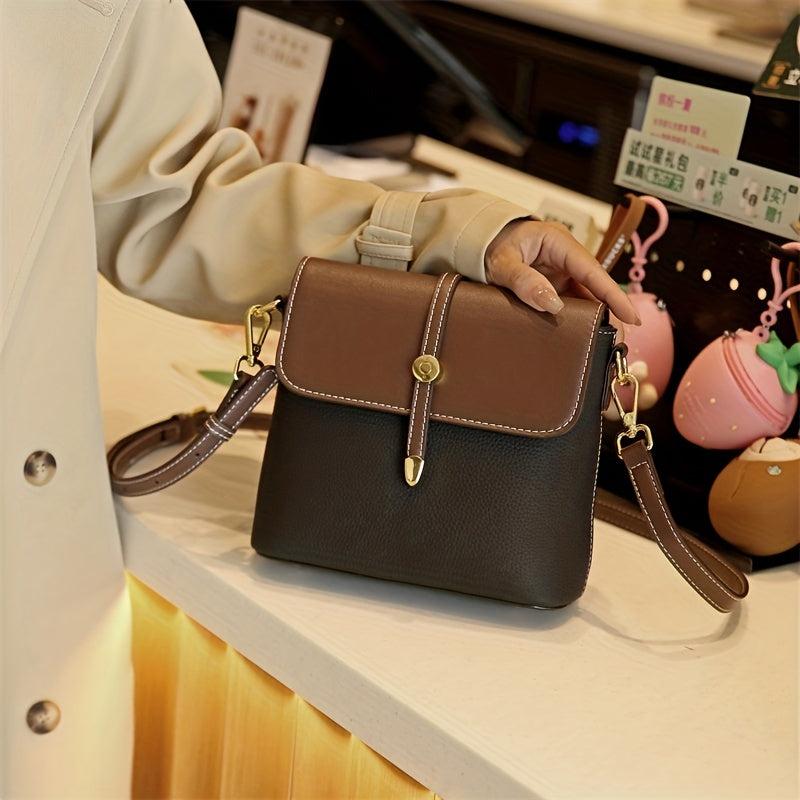 Leather Crossbody Bag Contrast Flap Square Bag Shoulder Purse
