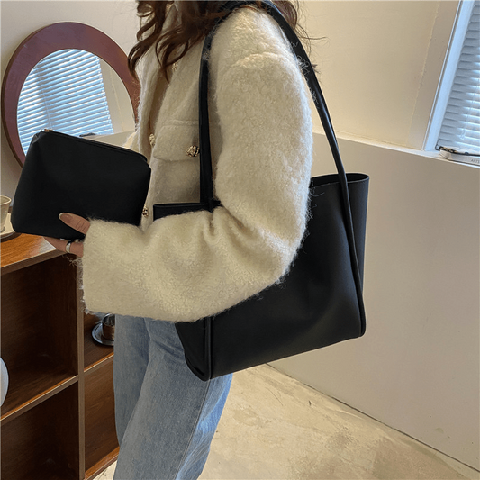 Solid Tote Bag Large Capacity Shoulder Bag Snap Button Handbag