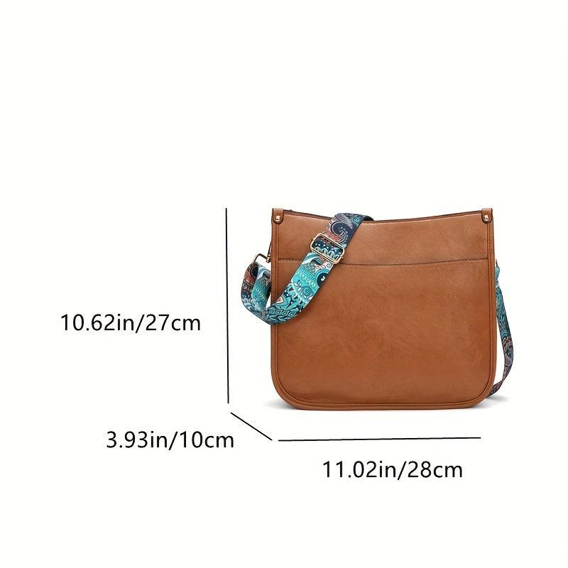Ethnic Style Crossbody Bag Vintage Faux Leather Zipper Saddle Bag