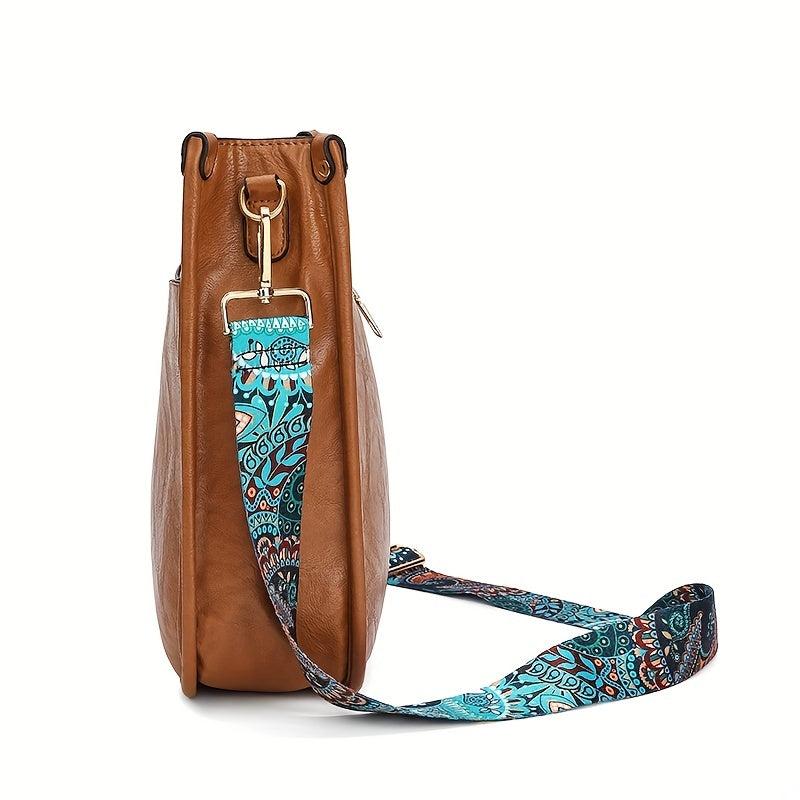 Ethnic Style Crossbody Bag Vintage Faux Leather Zipper Saddle Bag