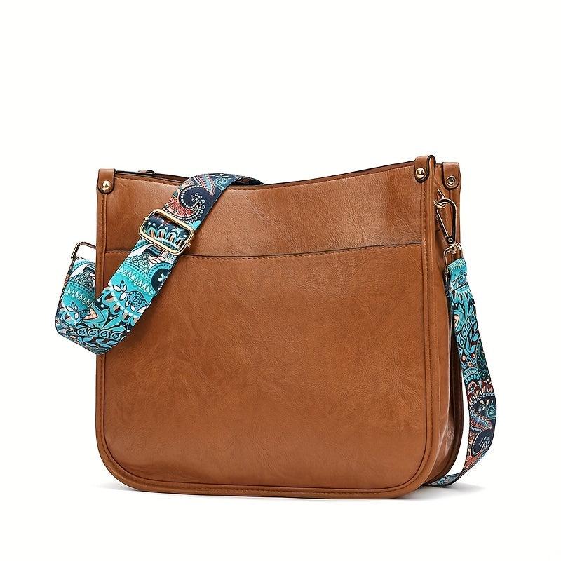 Ethnic Style Crossbody Bag Vintage Faux Leather Zipper Saddle Bag
