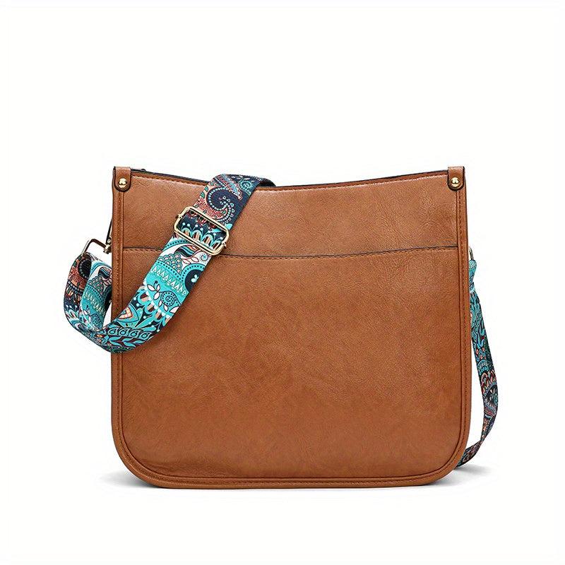 Ethnic Style Crossbody Bag Vintage Faux Leather Zipper Saddle Bag