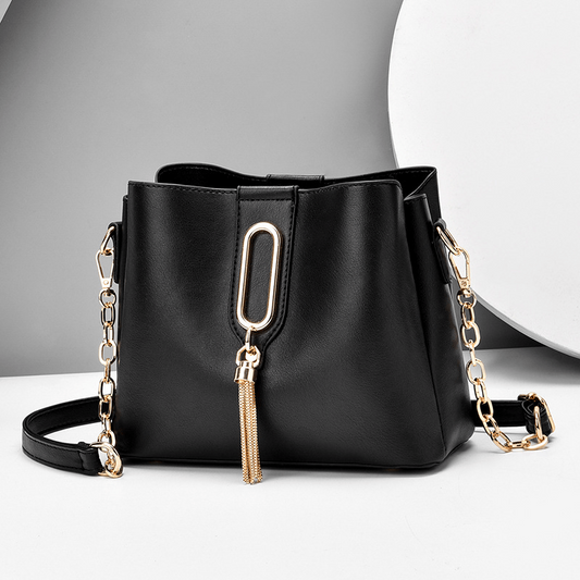 Stylish Bucket Bag with Chain Crossbody Strap and Tassel Detail