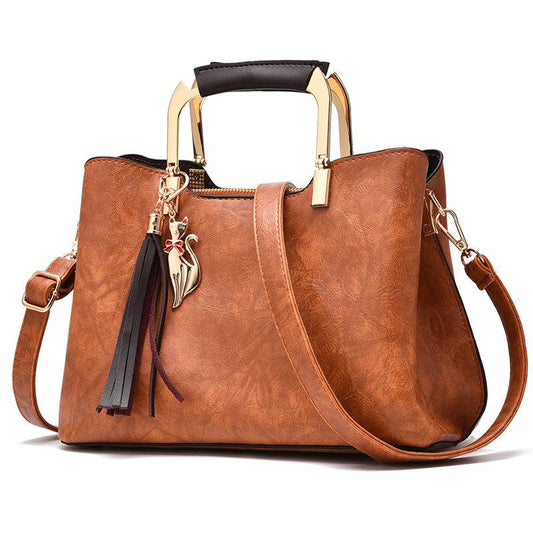 Plain Handle Bag With Fox & Tassel Decor Large Capacity Crossbody Bag