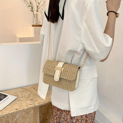 Boho Straw Crossbody Bag Square Purse Chain Beach Vacation