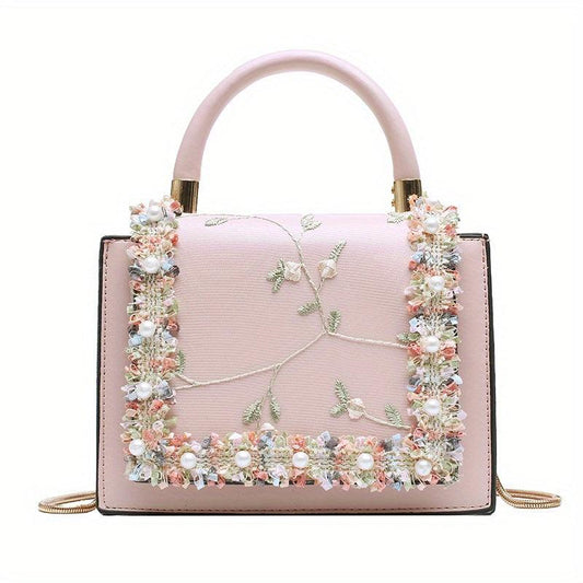 Flower Embroidered Shoulder Bag Lace Decor Square Crossbody