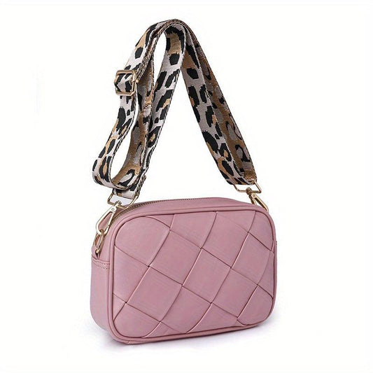 Retro Style Crossbody Bag Woven Square Purse Leopard Strap Shoulder Bag