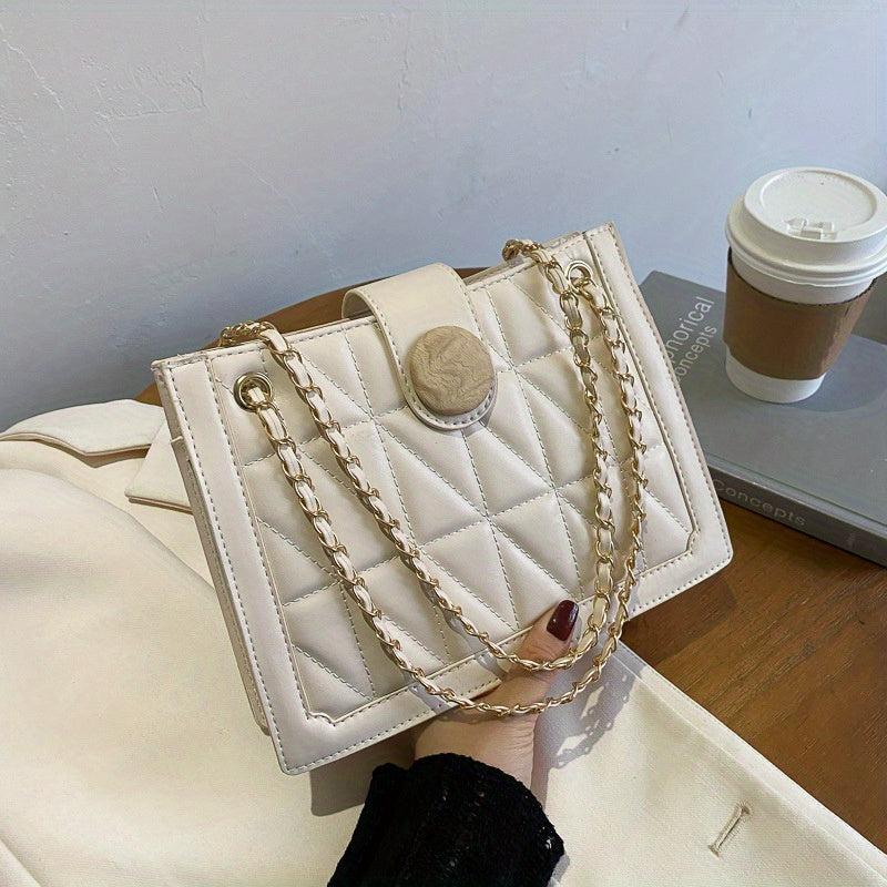 Argyle Embroidery Shoulder Bag Chain Crossbody Bag Small Button Decor