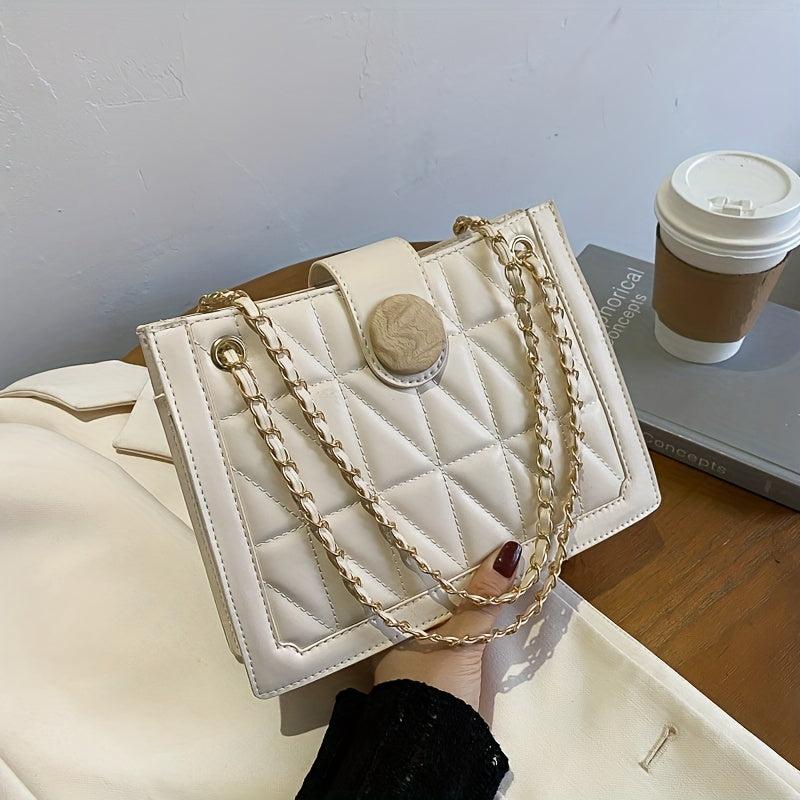 Argyle Embroidery Shoulder Bag Chain Crossbody Bag Small Button Decor