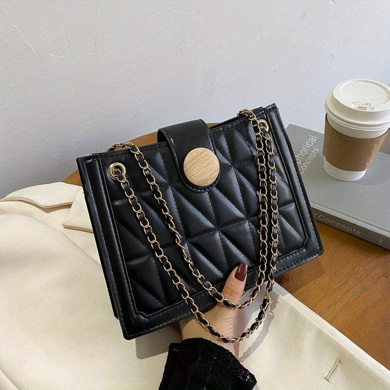 Argyle Embroidery Shoulder Bag Chain Crossbody Bag Small Button Decor