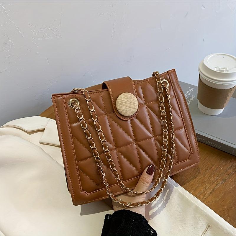 Argyle Embroidery Shoulder Bag Chain Crossbody Bag Small Button Decor