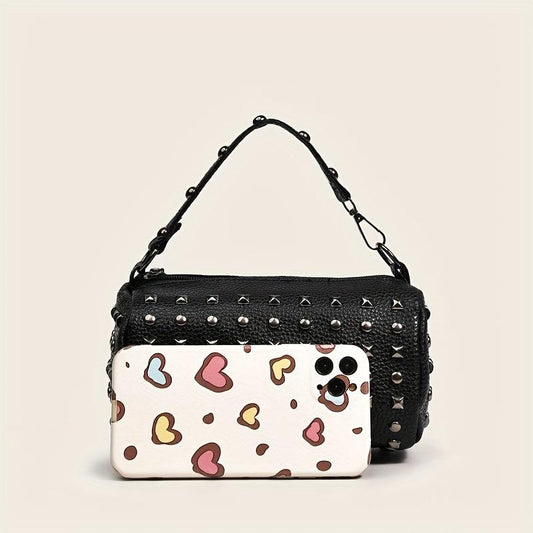Gothic Studded Decor Handbag Vintage Bucket Crossbody Bag Y2K Round Purse